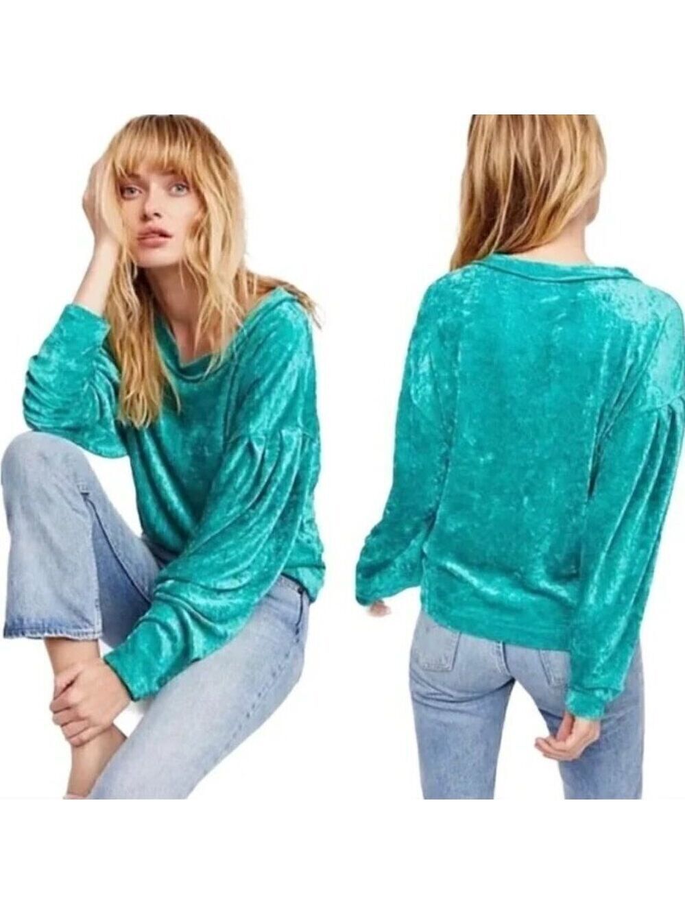 Free People We the Free Milan Green Crushed Velvet Long Balloon Sleeve Top XS